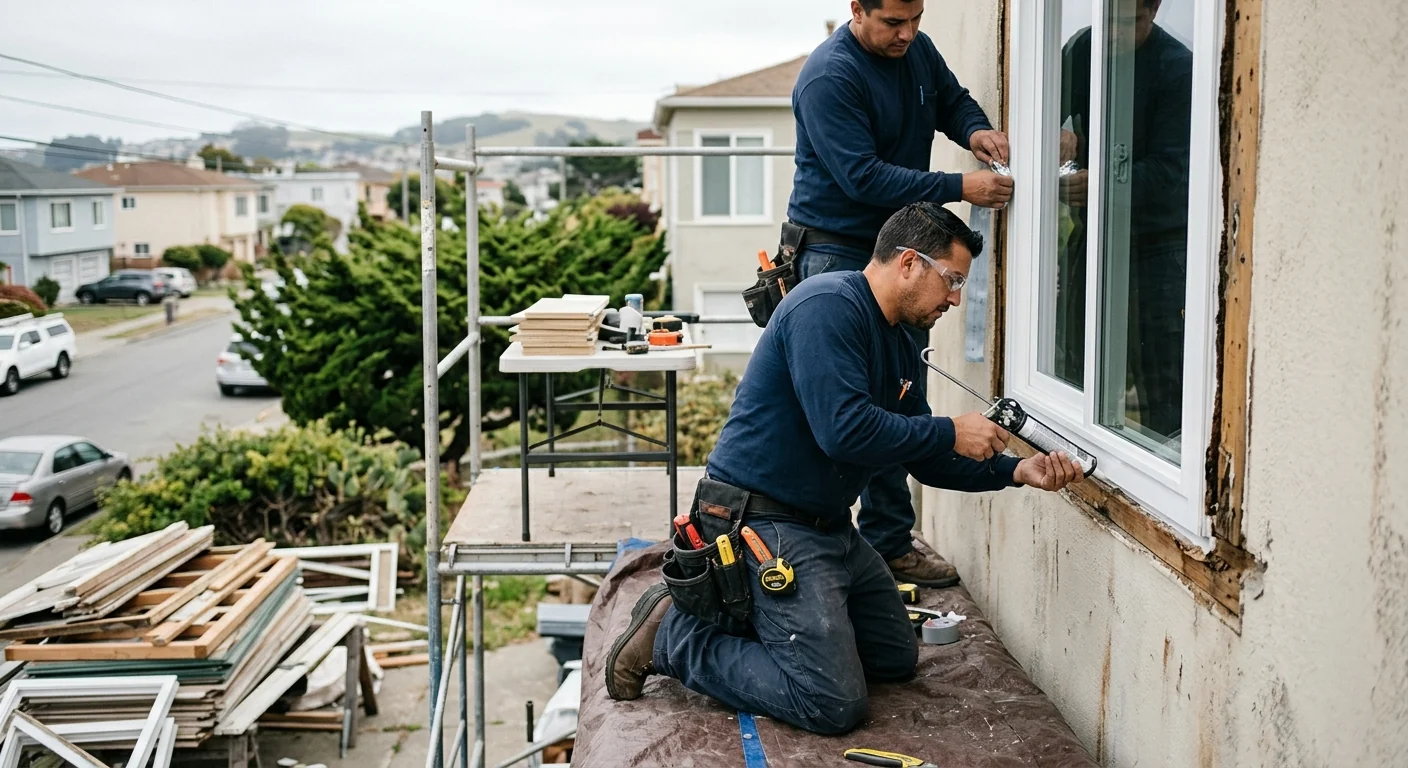Technician measuring a double hung window opening during a Daly City pricing assessment