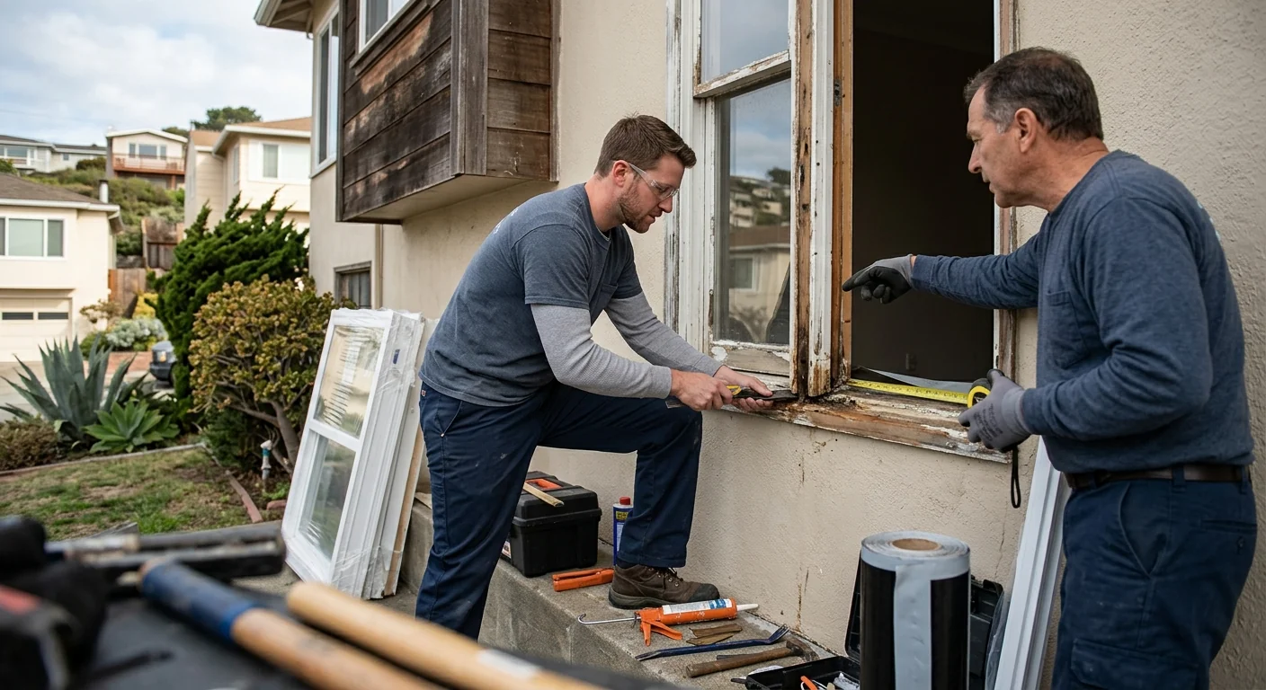 Technician measuring a double hung window frame during a home consultation in Daly City
