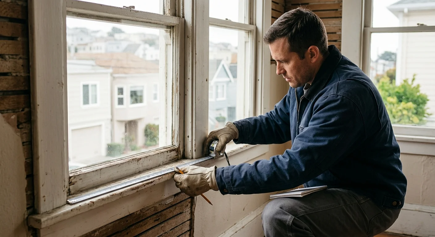 Technician measuring a double hung window opening before replacement in Daly City home