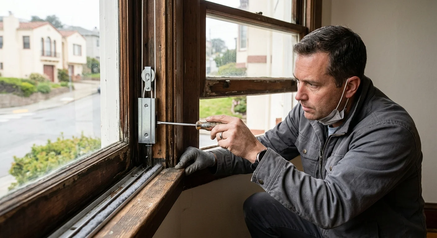 Close inspection of sash balance hardware and weatherstripping during replacement