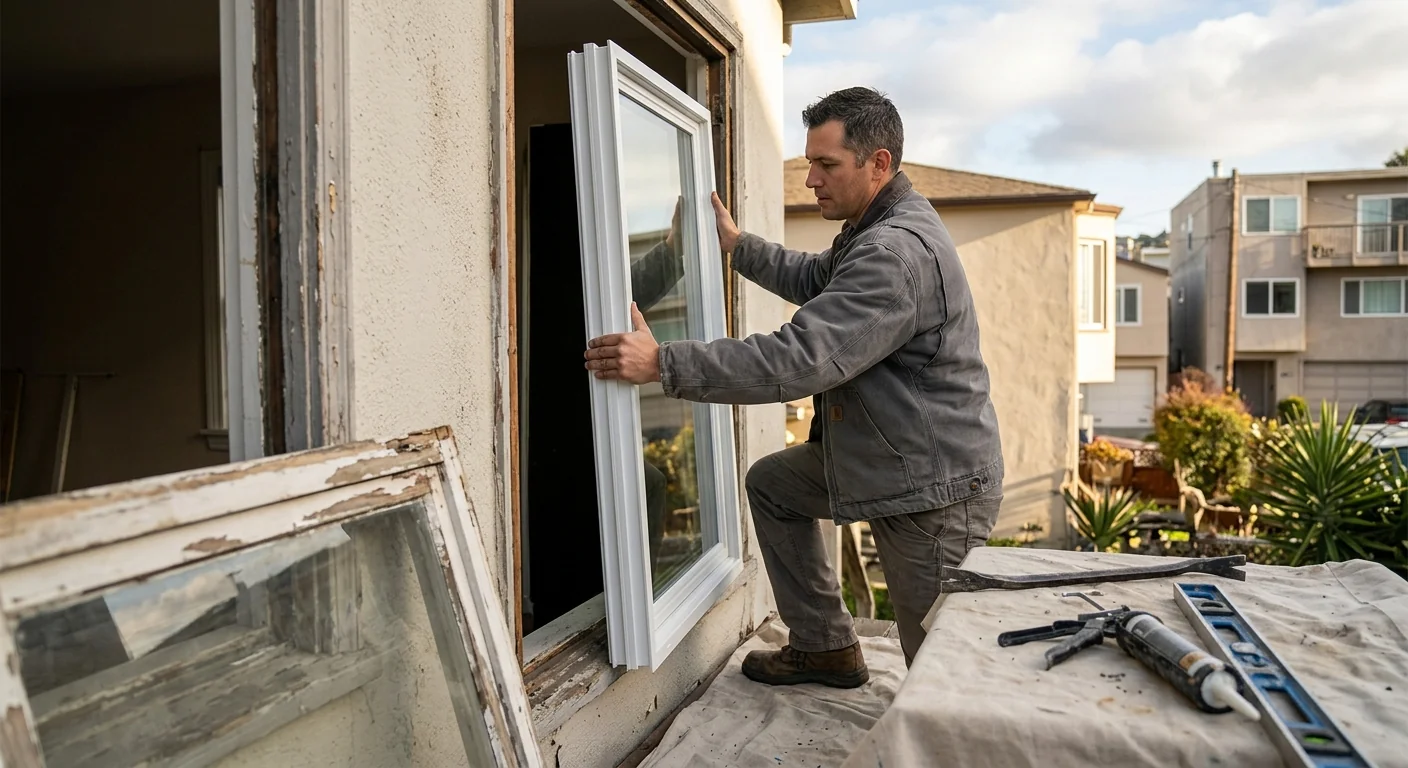 Installer setting a level double hung window into a restored frame