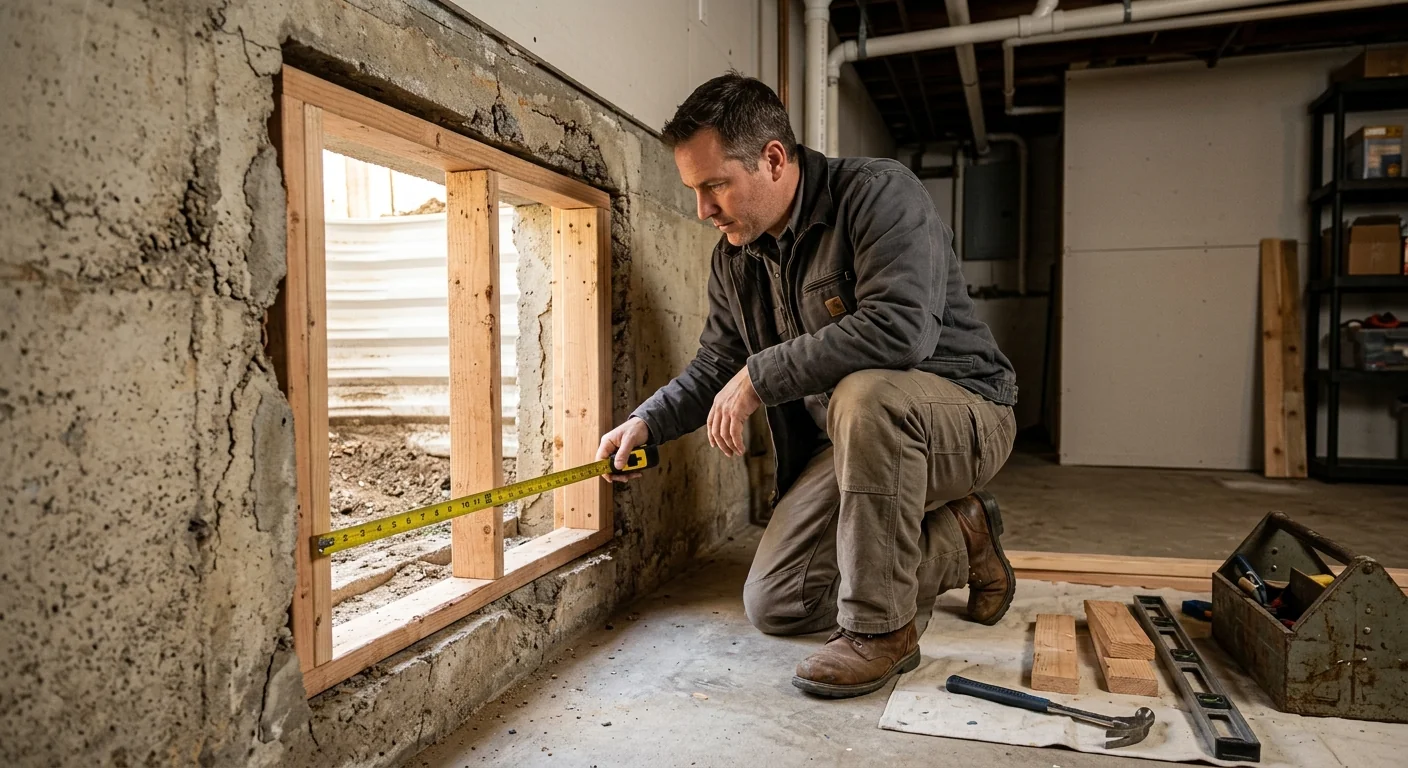 Contractor measuring a basement wall opening for egress window installation in Daly City