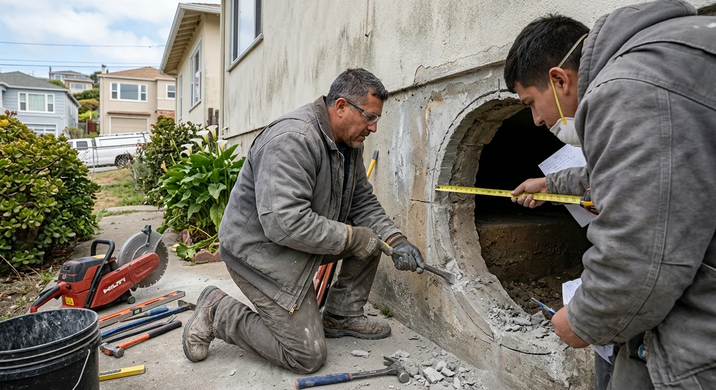 Freshly cut foundation opening prepared for a code-sized egress window