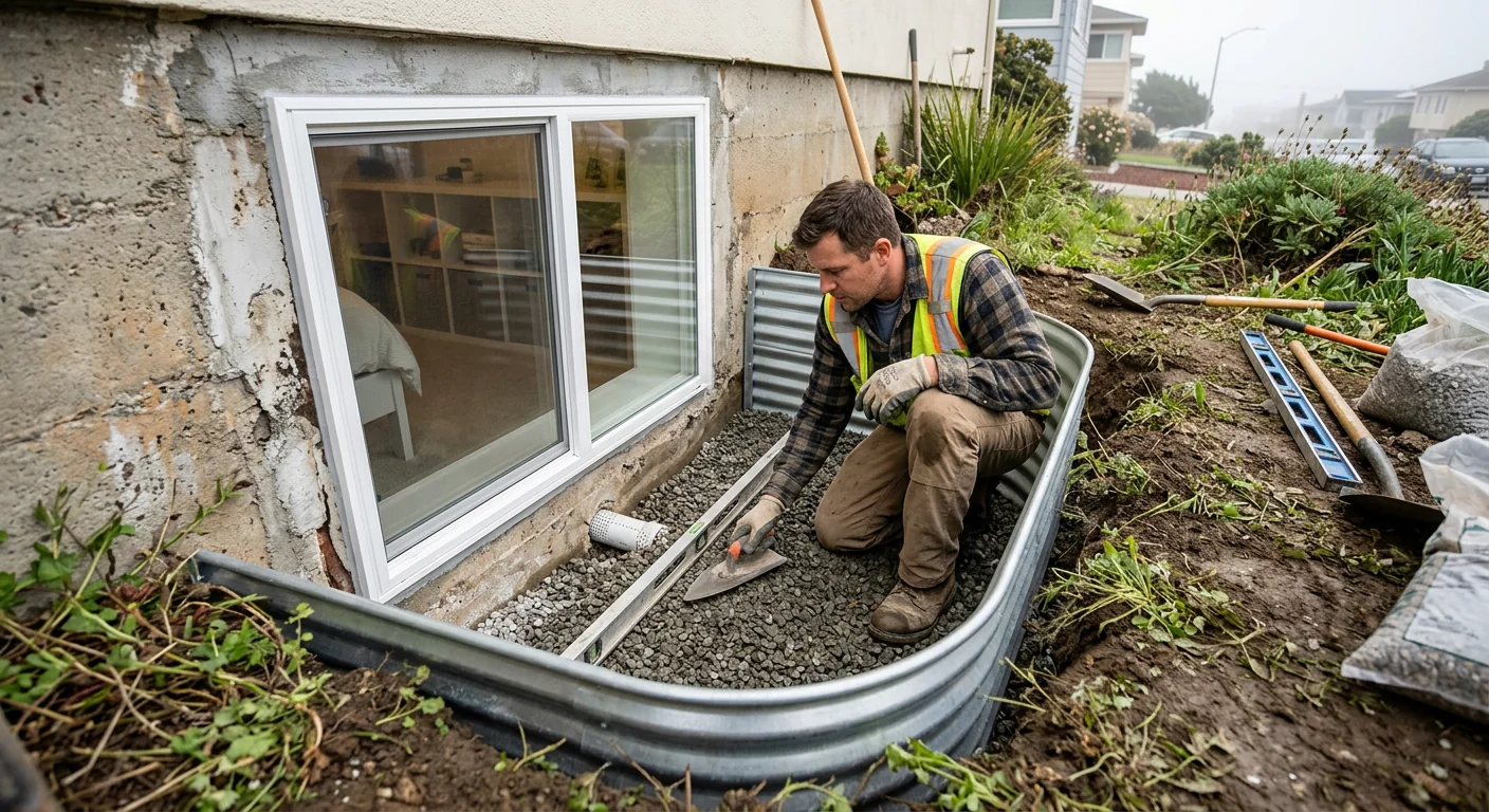 Window well with gravel drainage bed installed beside a below-grade bedroom