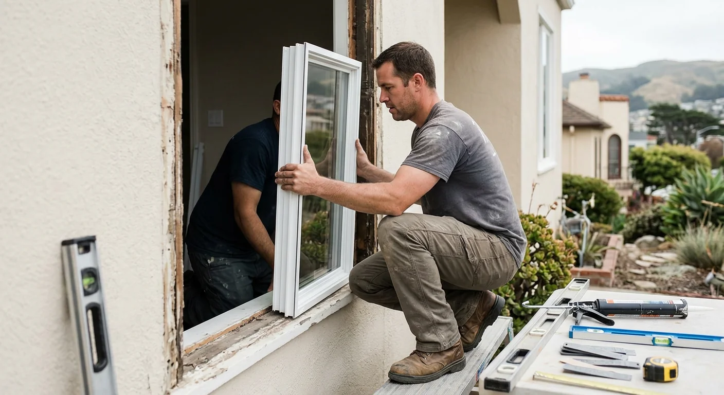 Technician measuring an egress window opening in a Daly City basement wall