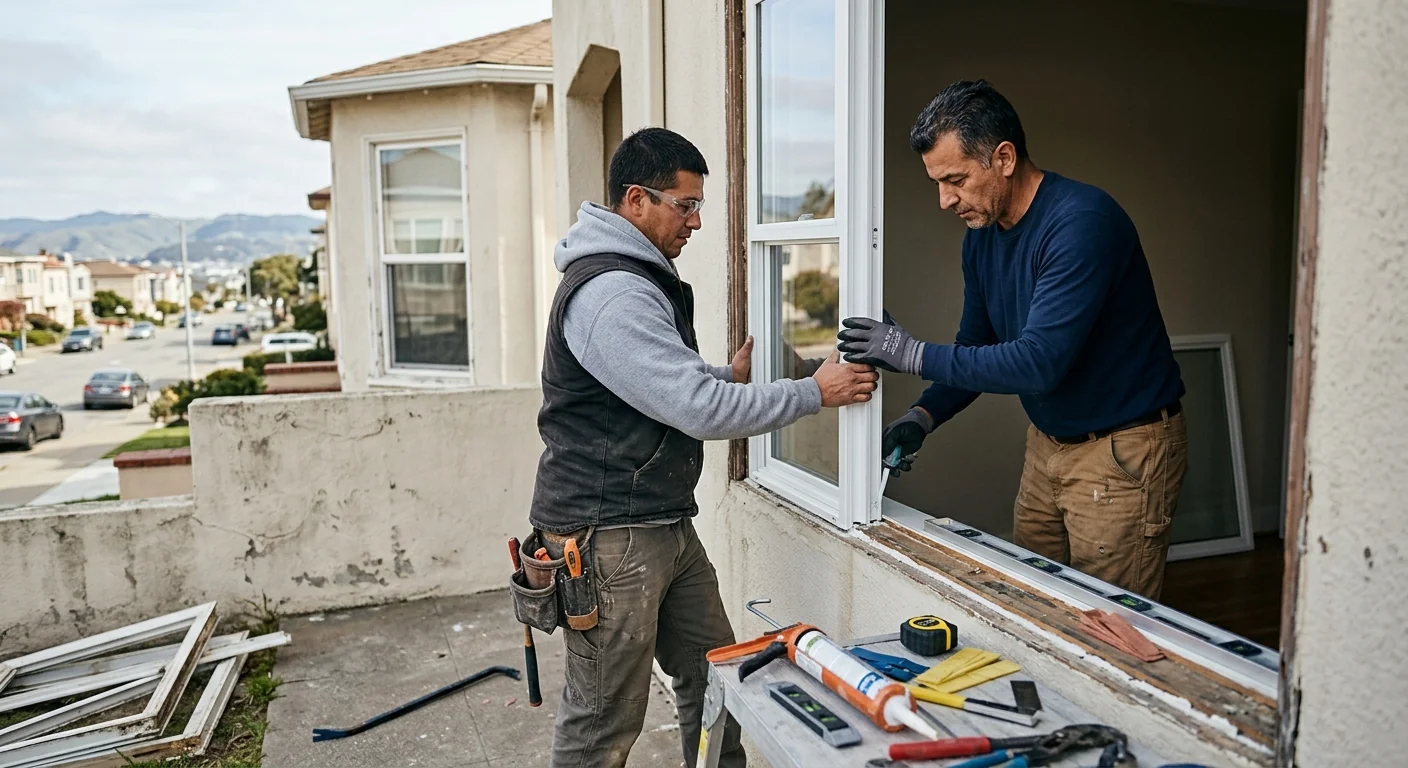 Technician measuring a window opening for energy efficient replacement in a Daly City home