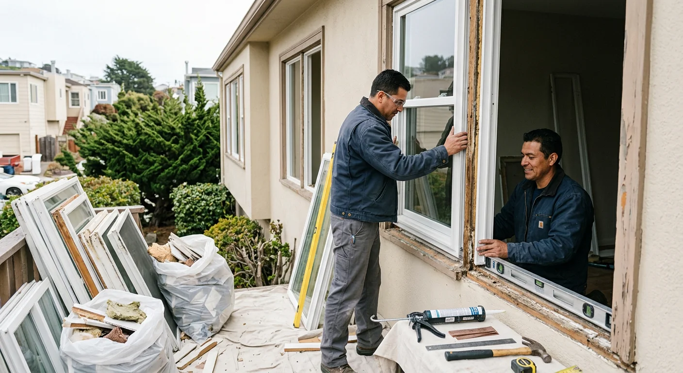 Technician measuring energy efficient window during Daly City replacement estimate visit