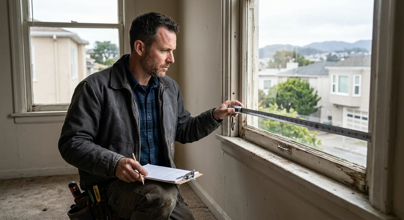 Technician measuring a window opening before energy efficient replacement in a Daly City home