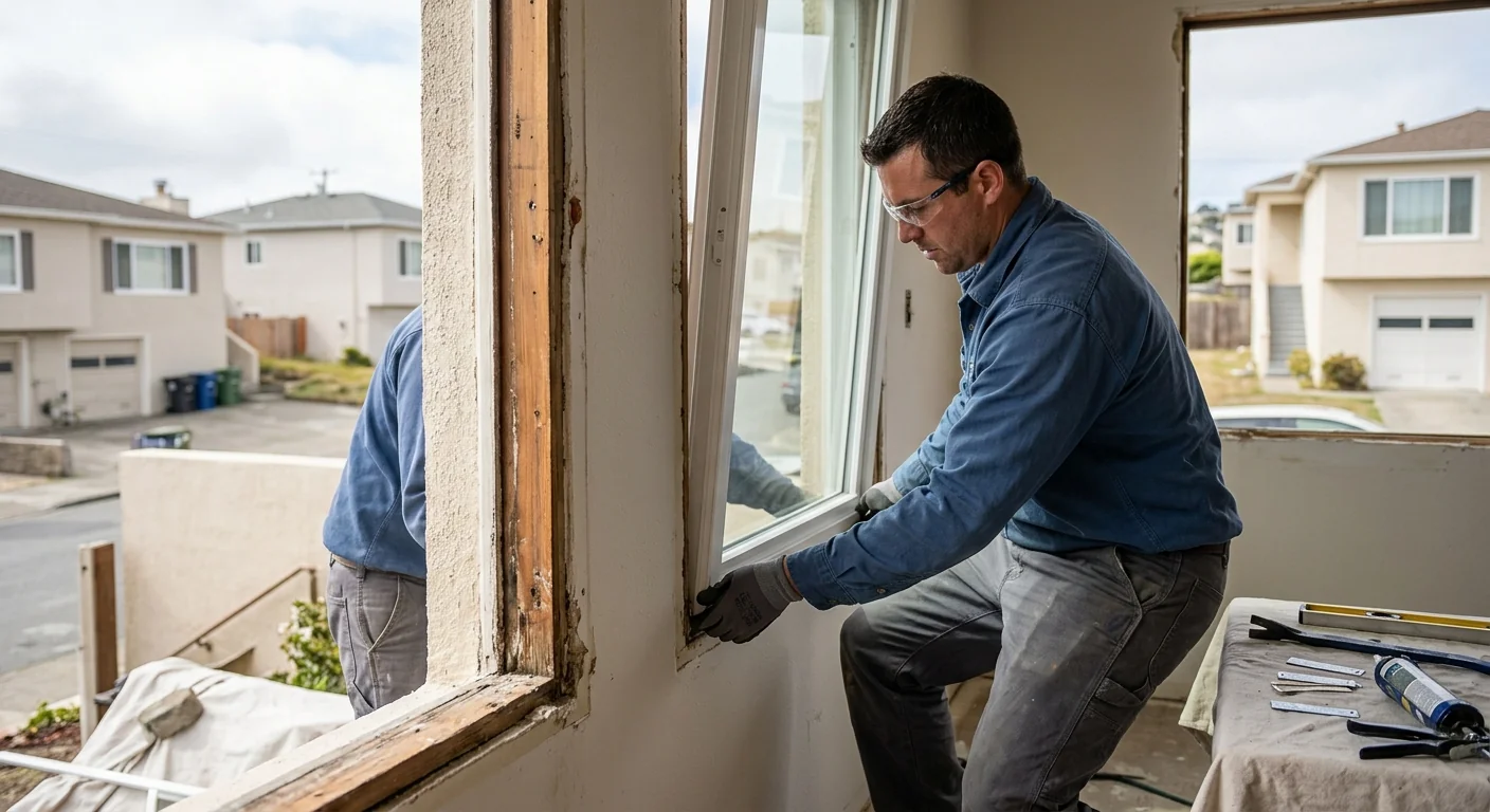Installer setting an insulated Low-E window into a prepared frame opening