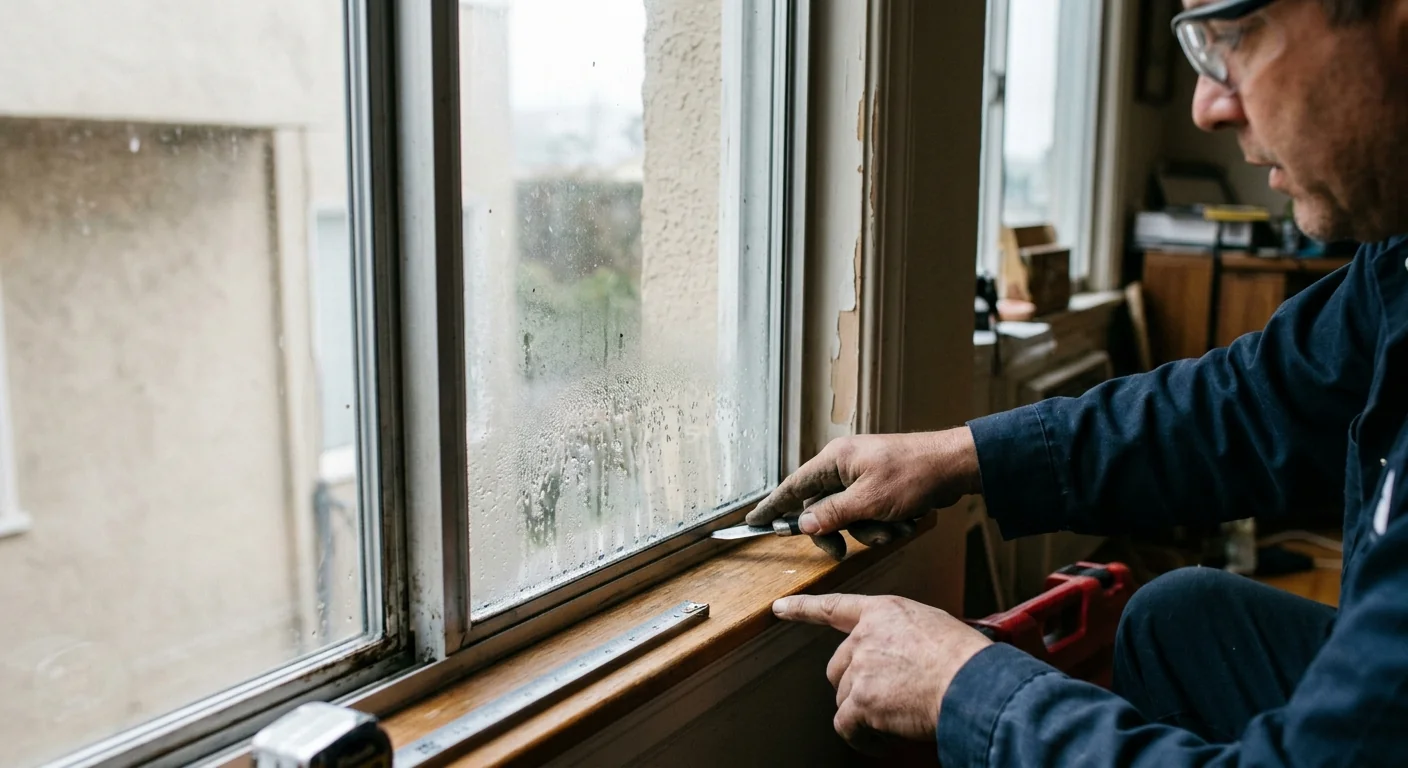 Close view of failed insulated glass with condensation trapped between panes