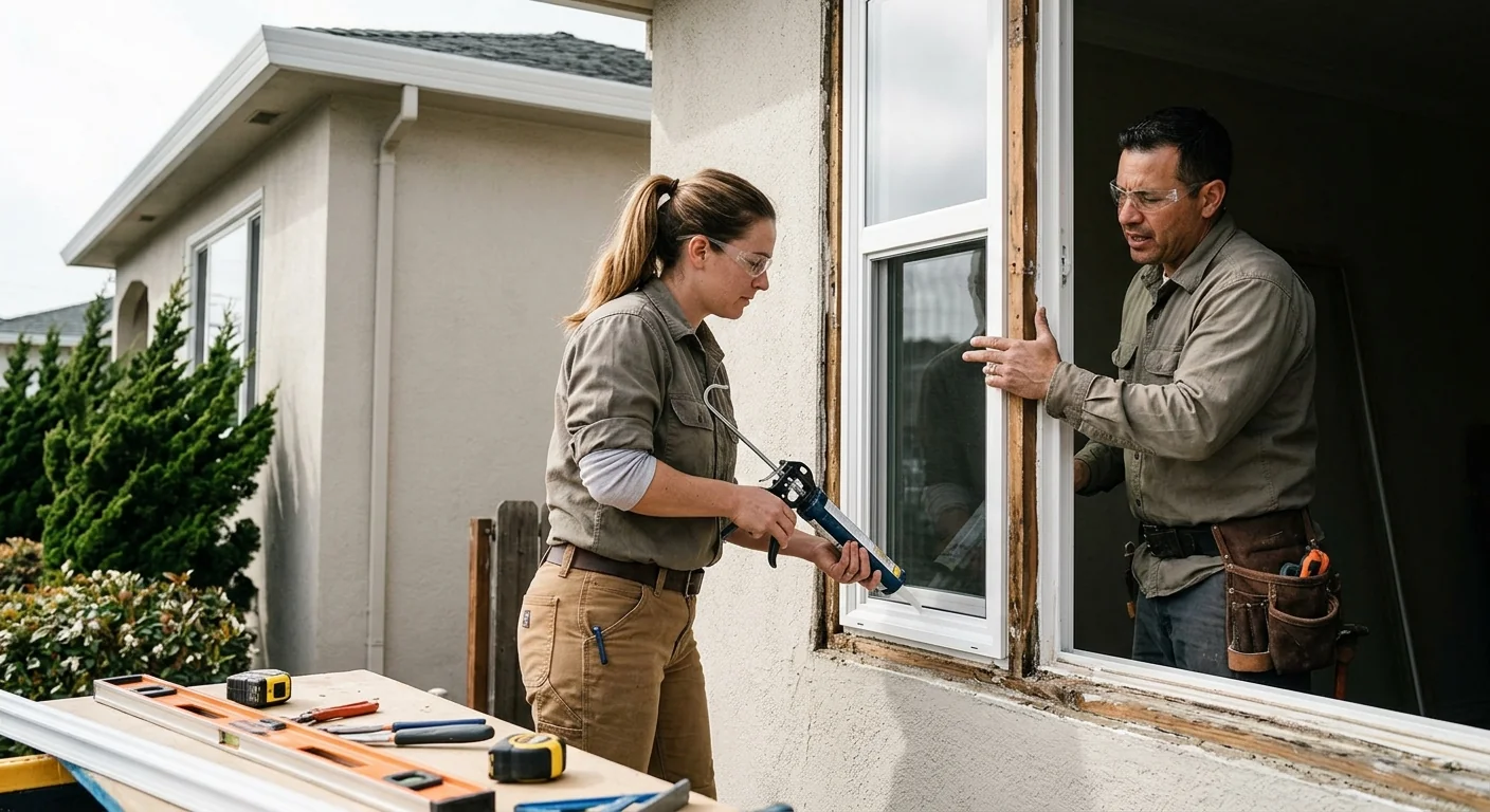 Installer fitting an energy efficient window into a restored Daly City opening