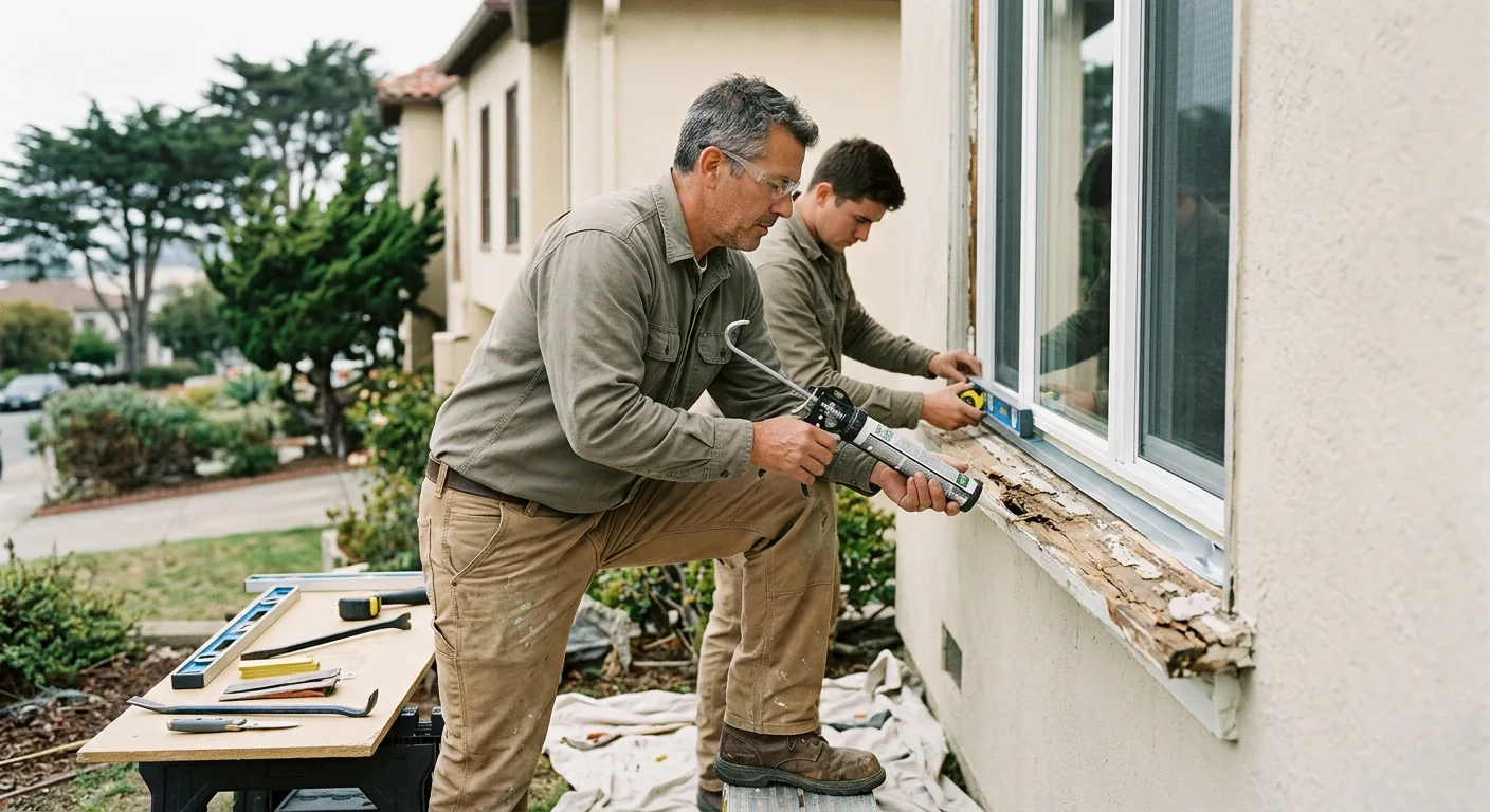 Technician measuring a sliding glass door opening during a Daly City replacement estimate