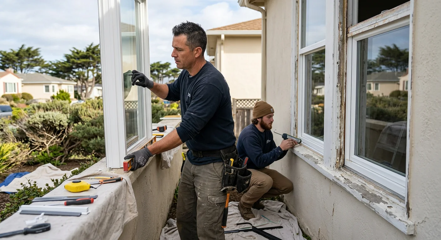Technician measuring a sliding glass door frame during a Daly City replacement