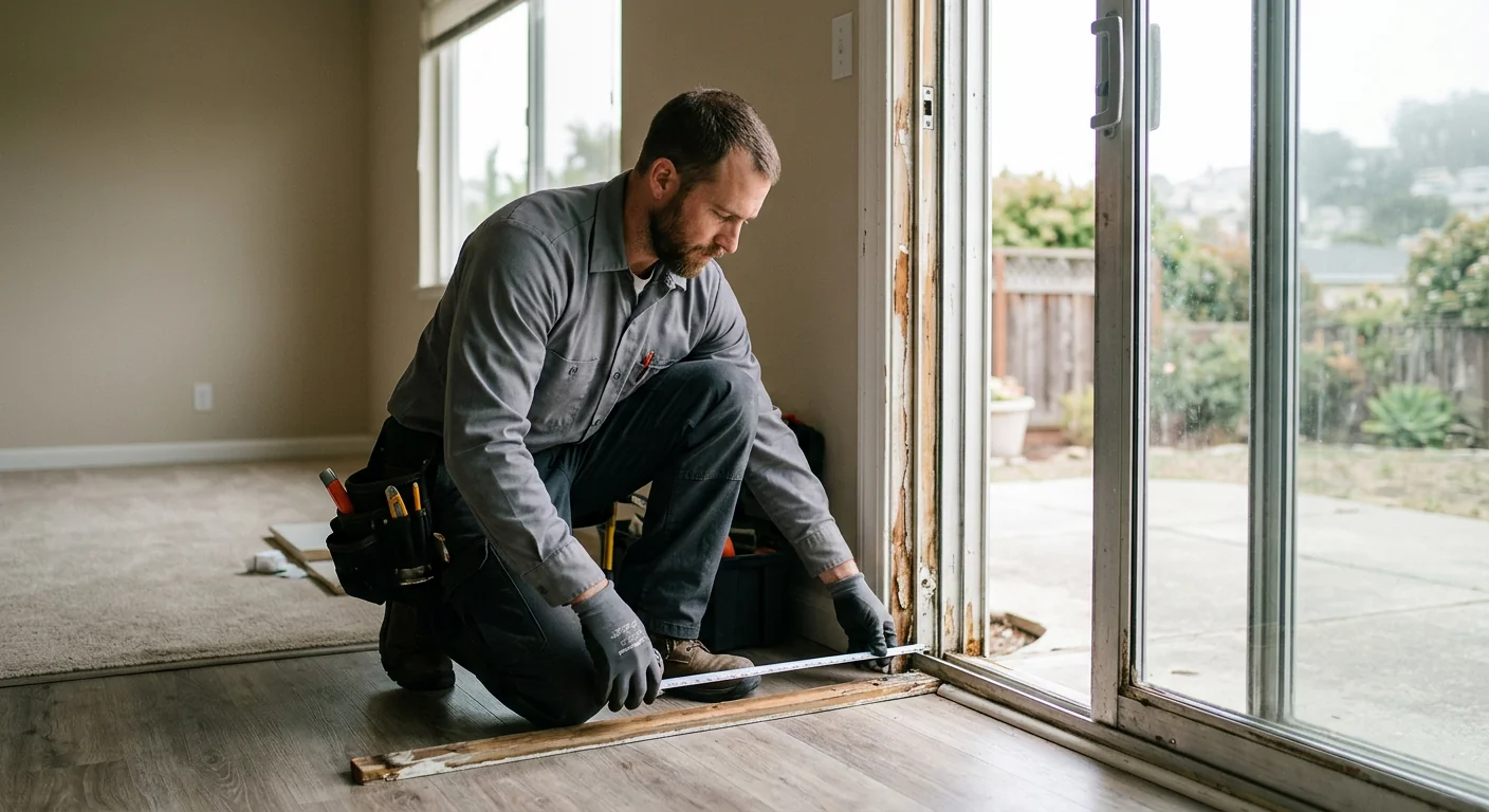 Technician measuring a patio door opening before sliding glass door replacement in Daly City