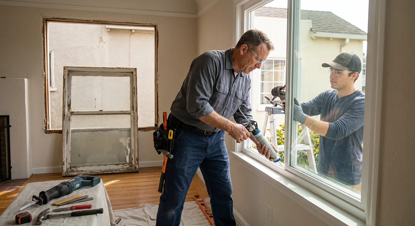 Installer aligning a new sliding glass door panel on a rebuilt track