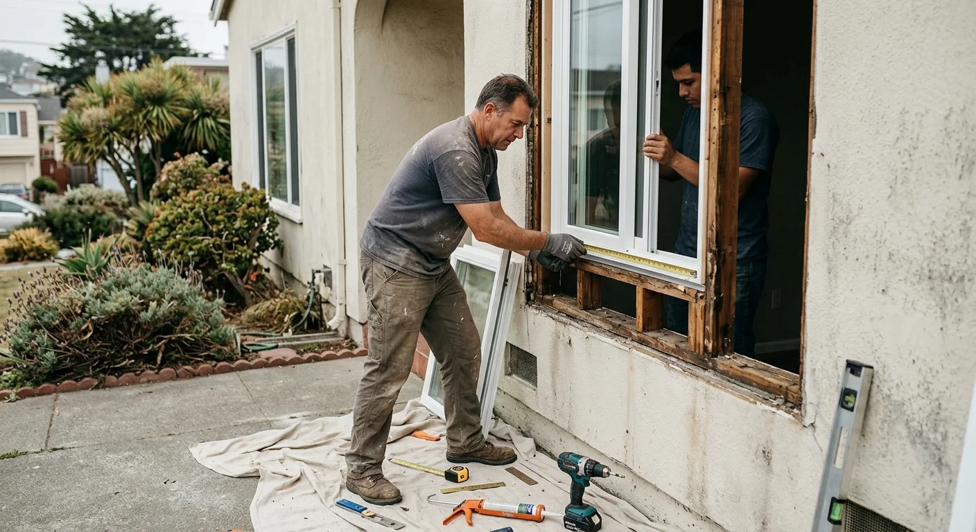 Technician measuring a foggy insulated glass pane during a Daly City window assessment