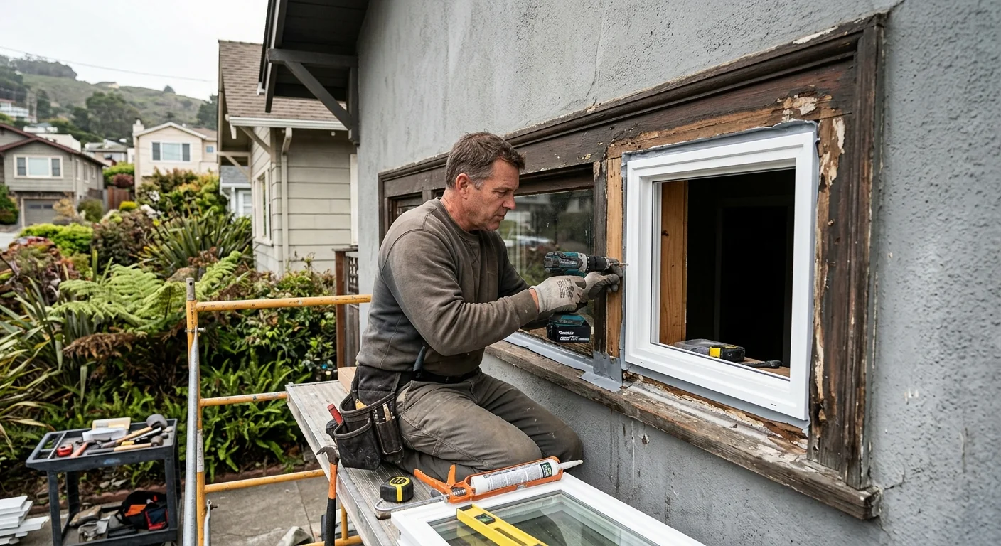 Technician measuring a window opening for glass replacement in a Daly City home