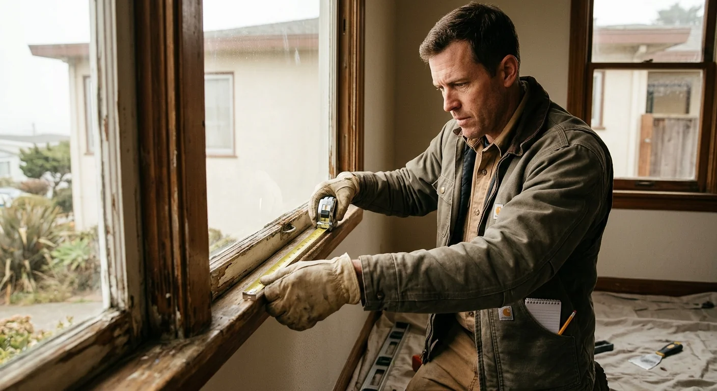 Technician measuring a window opening before glass replacement in Daly City home