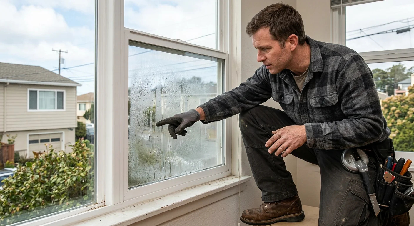 Fogged insulated glass unit showing failed seal between double panes