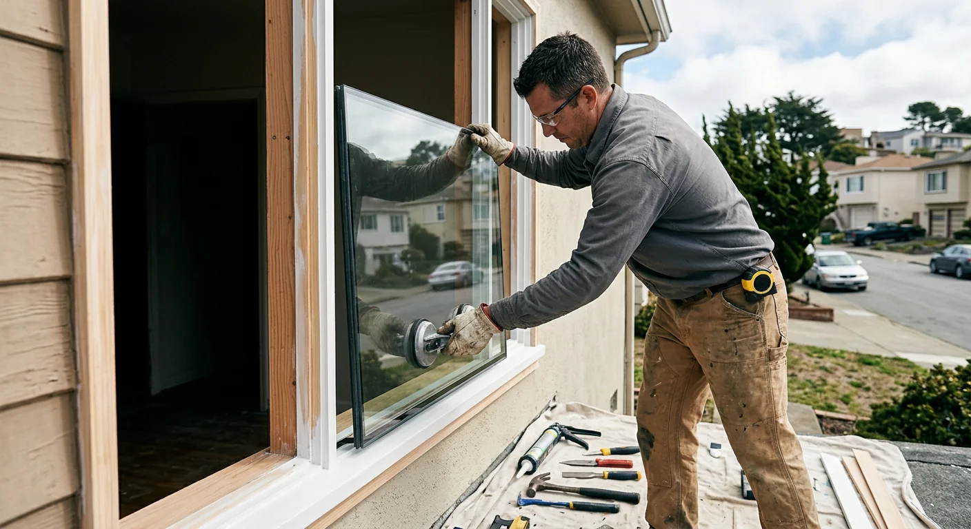 Installer setting new low-E glass into a cleaned window frame