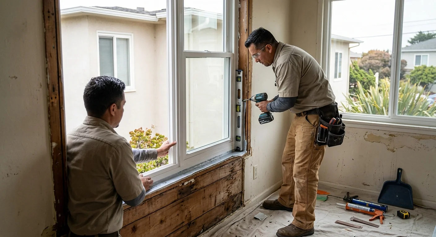 Installer setting a new insulated glass pane into a prepared window frame