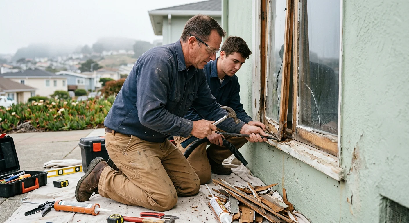 Technician measuring a damaged window frame during a Daly City repair assessment