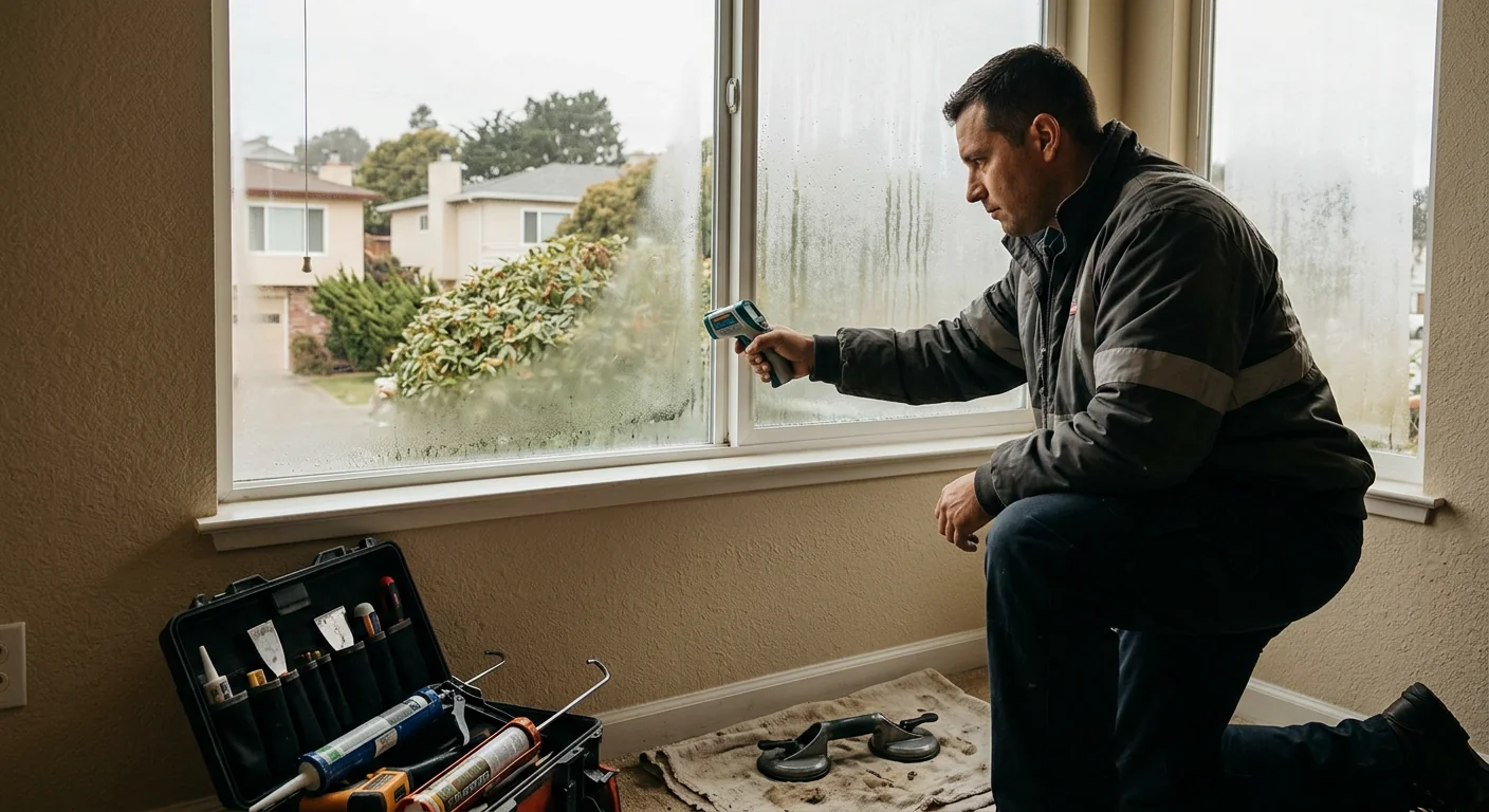 Technician inspecting a fogged double-pane window in a Daly City home