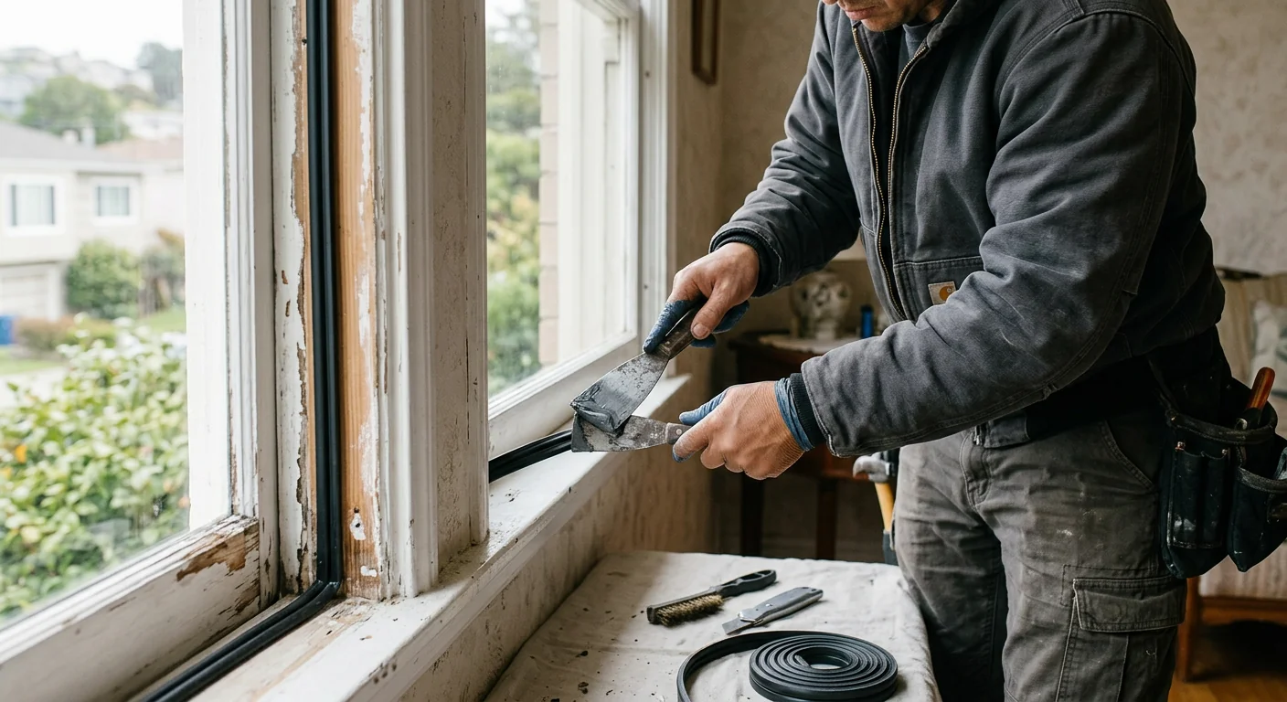 Close-up of weatherstripping and glazing repair on a residential window frame