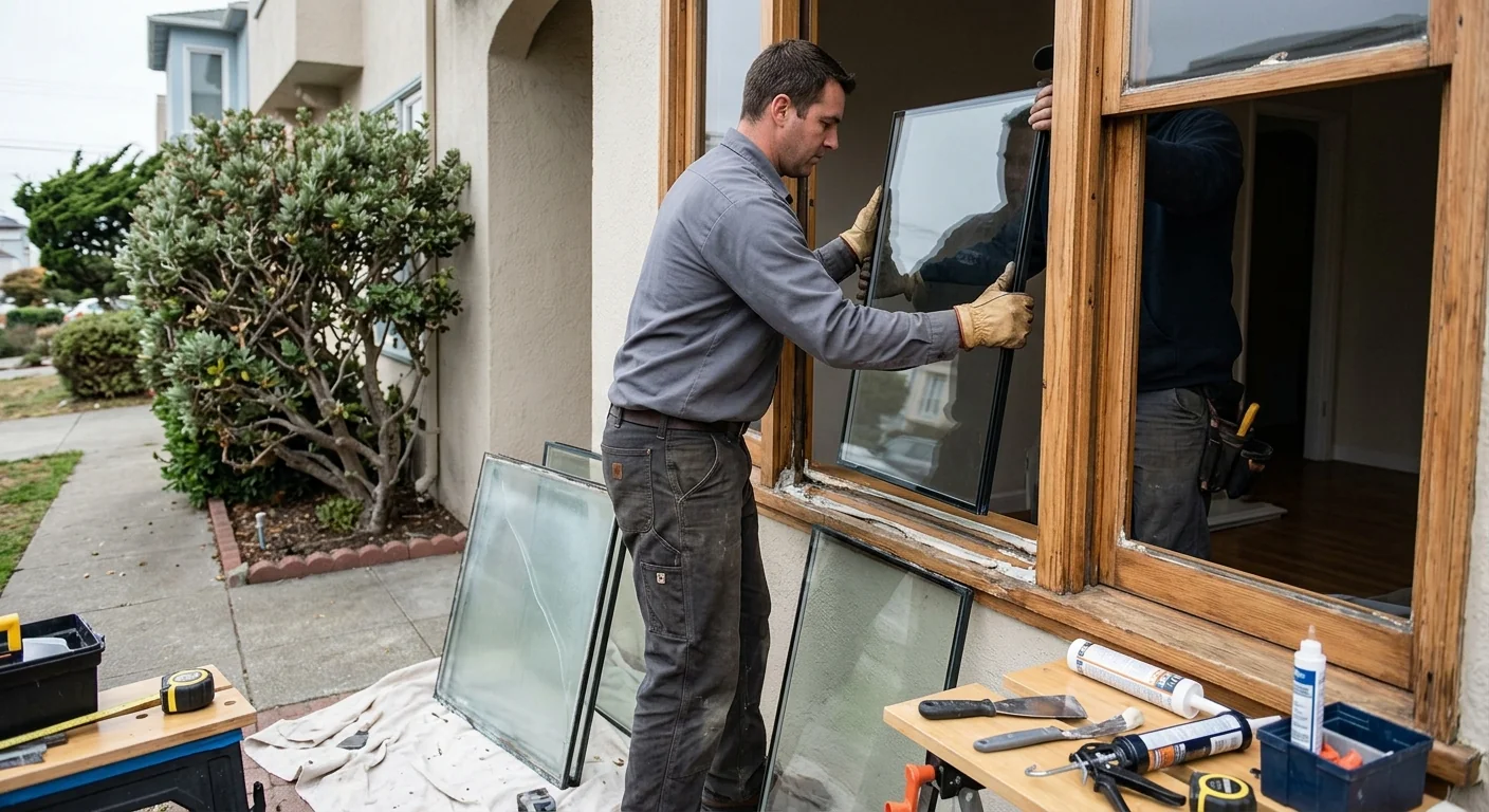 Worker replacing a failed insulated glass unit during window restoration