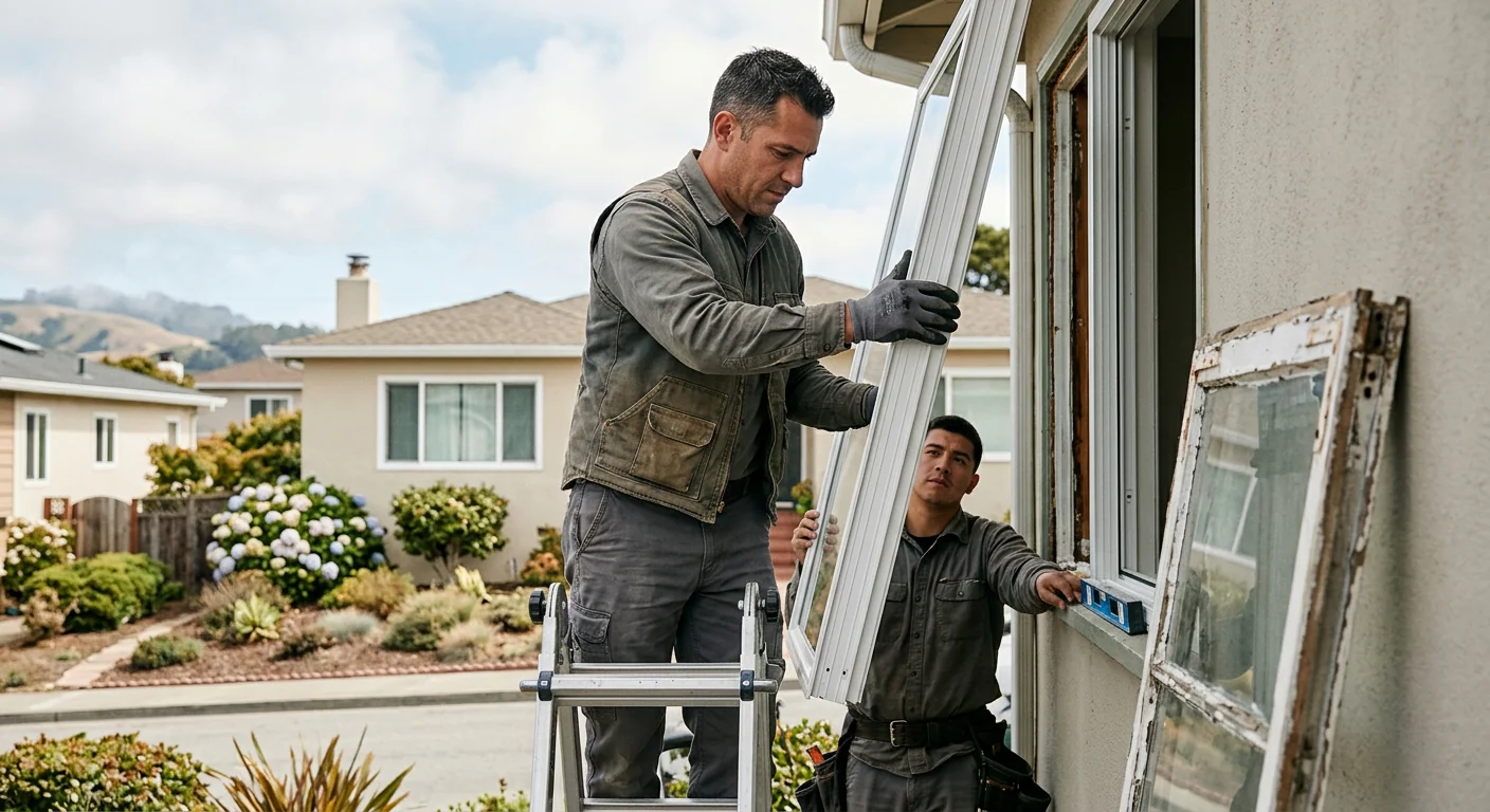 Installer checking measurements on a replacement window in a Daly City home