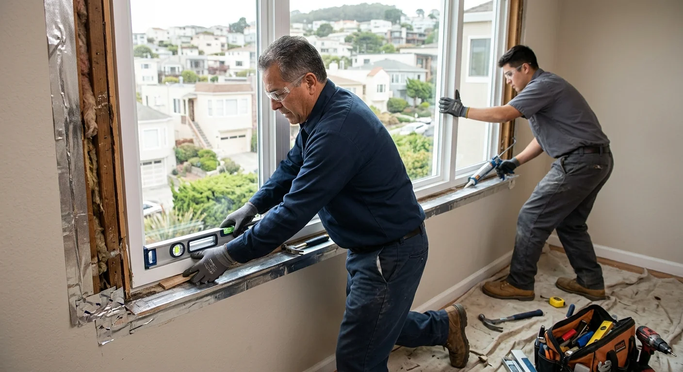 Crew fitting an energy efficient replacement window into a prepared frame
