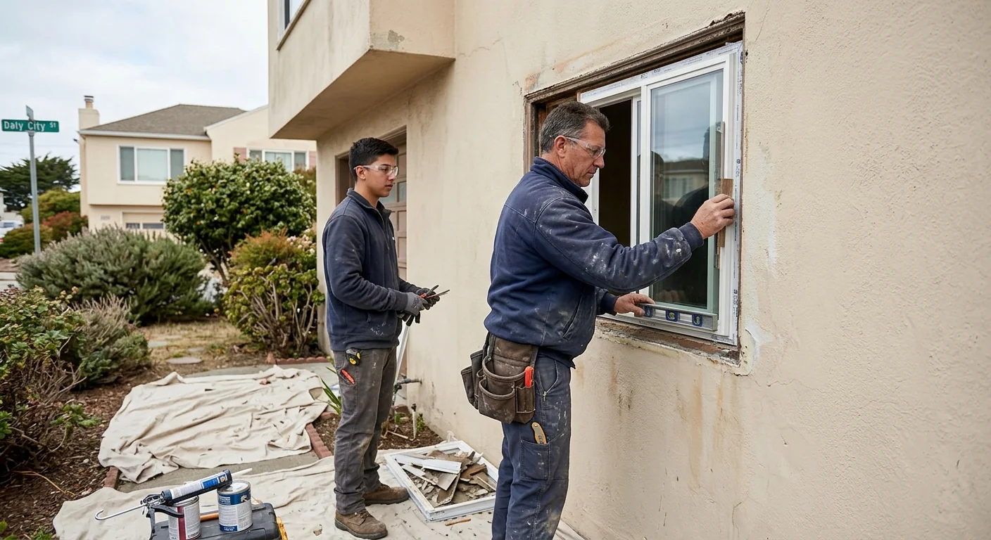 Technician measuring a home window opening for a replacement quote in Daly City